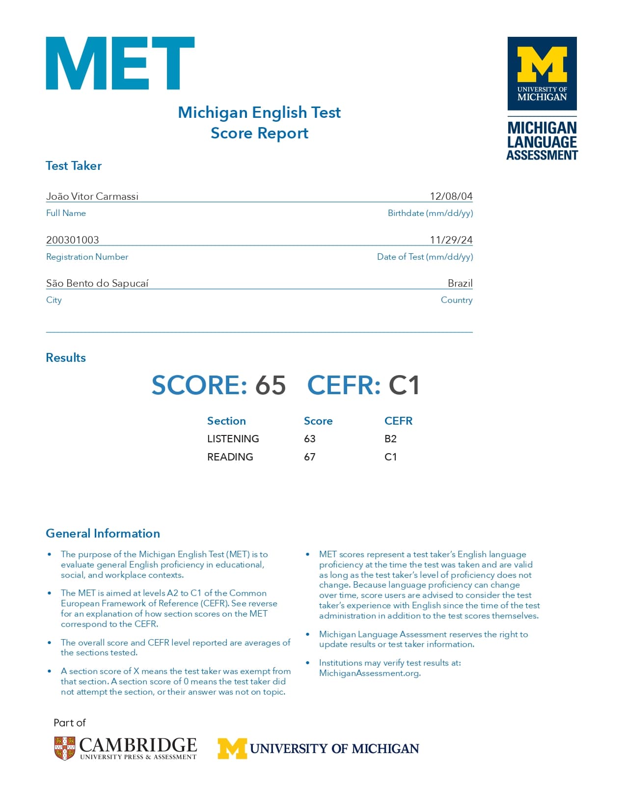 Cambridge Michigan Language Assessments – MET C1